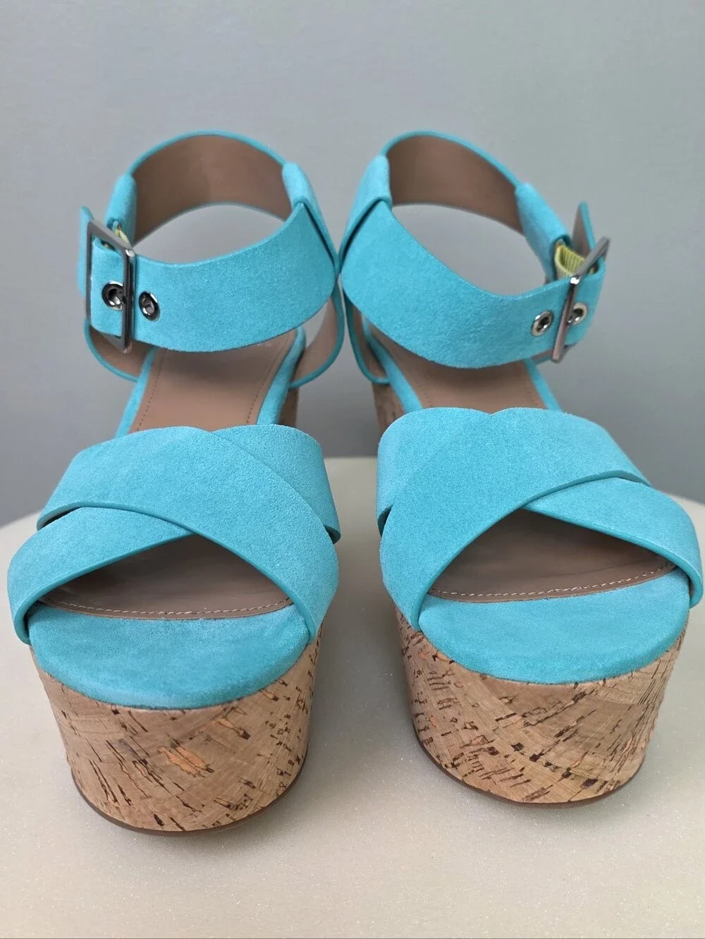 ​Marc Fisher LTD Cacie Light Green Suede Cork Platform Wedge Sandals Size 7.5 M